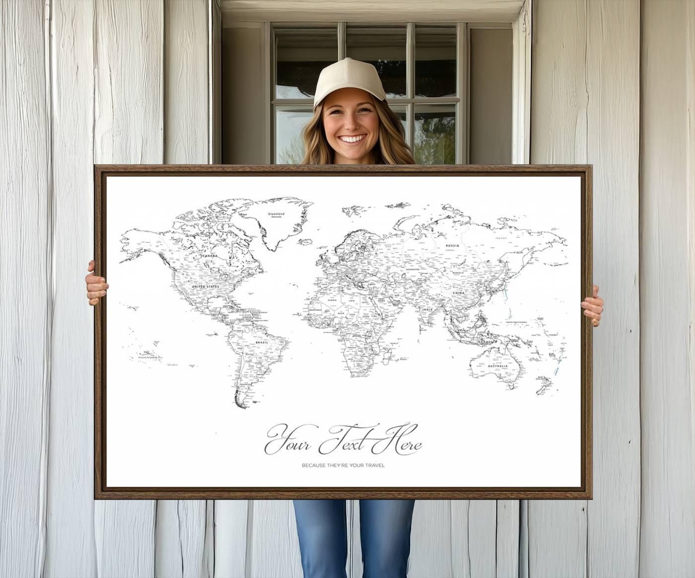 Personalized Travel Maps, Custom Maps, Framed Push Pin World Map, Personalized Gifts, Countries Labeled Map Print,Cork Pin Board Canvas Gift