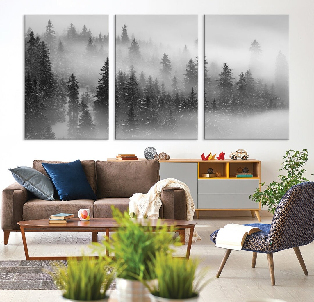 Misty Forest Landscape Canvas Wall Art Print, Large Foggy Mountain ...