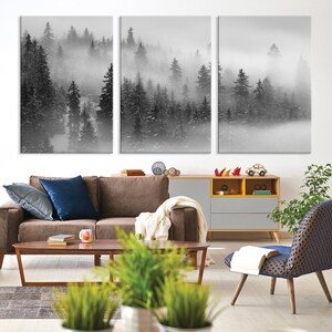 Misty Forest Landscape Canvas Wall Art Print, Large Foggy Mountain Forest Pine Trees in Fog Print for Modern and Rustic Decor, Ready to Hang