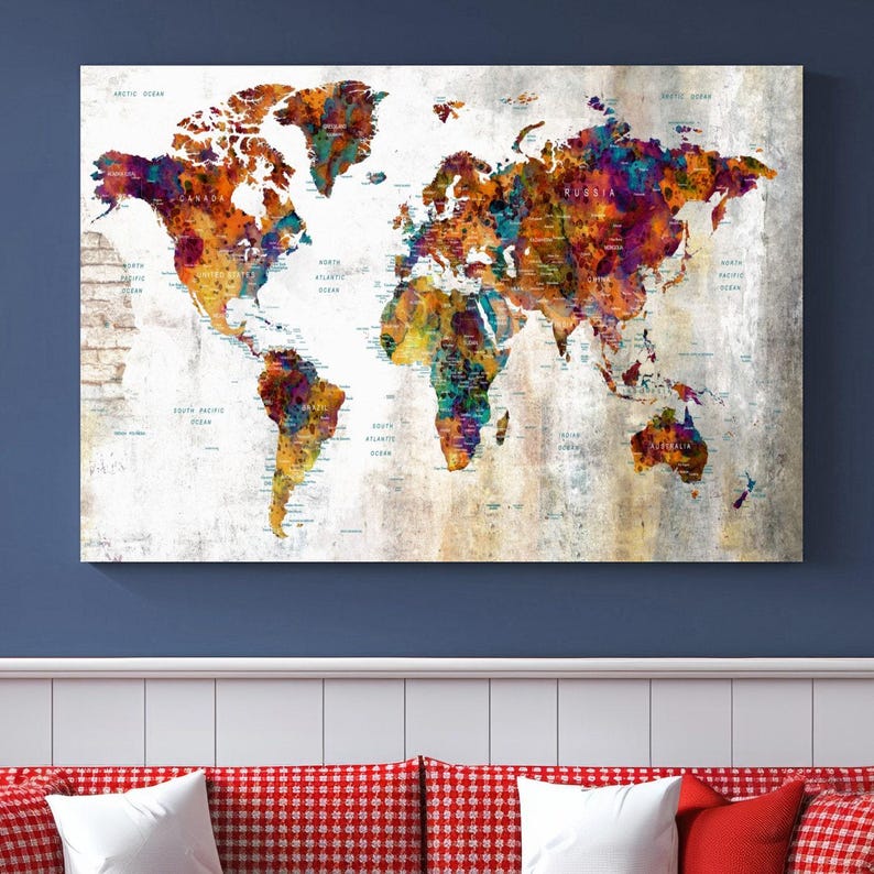 Vibrant 3-panel World Map Canvas Art – Grunge Map Framed and Ready to ...