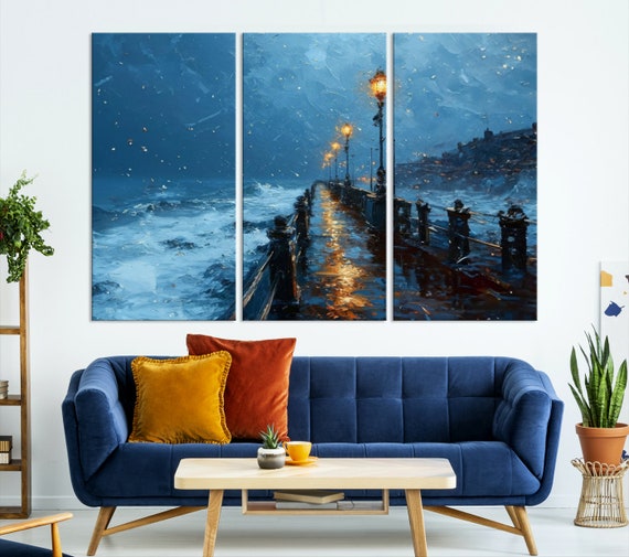 Stormy Beach Pier Canvas Print, Large Coastal Landscape, Rustic