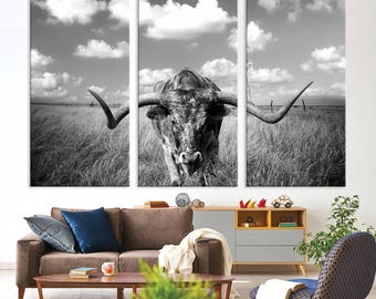 Majestatyczny byk Texas Longhorn na płótnie do dekoracji ściennych w stylu wiejskim, wydruk na płótnie z krową rogatą, wydruk na płótnie z motywem krowy z Teksasu