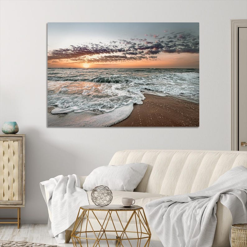 Ocean Sunset Wall Art, Beach Waves Print, Large Seascape Canvas ...