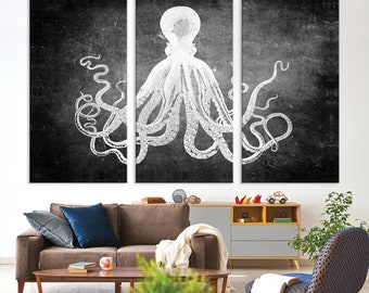 Abstract Octopus Wall Art Canvas Print, Black Octopus Triptych Kraken Large Wall Art Lord Bodner Octopus, Nautical Print, Coastal Chic Decor