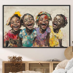 Shai Yossef style canvas wall art featuring joyful African kids in an impasto painting with bold brushstrokes, framed and ready to hang for playroom, kids' room, or nursery decor.