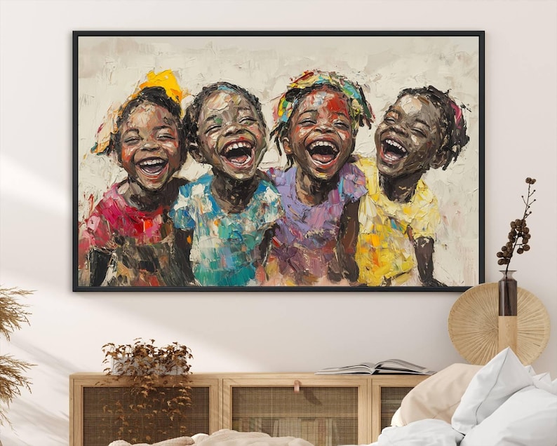 Shai Yossef style canvas wall art featuring joyful African kids in an impasto painting with bold brushstrokes, framed and ready to hang for playroom, kids' room, or nursery decor.