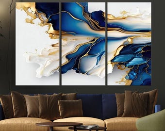 Navy Blue Gold Abstract Canvas Print, Luxury Abstract Wall Art Print, Gold Abstract Print, Blue Abstract Canvas Print Framed Ready to Hang