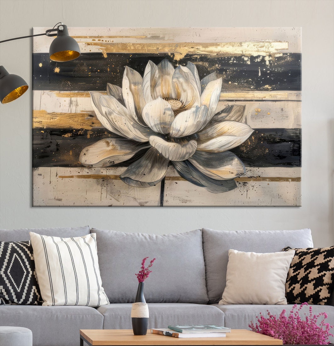 White Lotus Flower Painting Wall Art Canvas Print, Floral Canvas Print ...