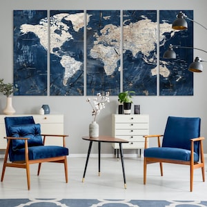 Large 3-panel Blue World Map Canvas Print with detailed continents, framed wall art perfect for living rooms, offices, and travel enthusiasts. Ready to hang for easy setup.