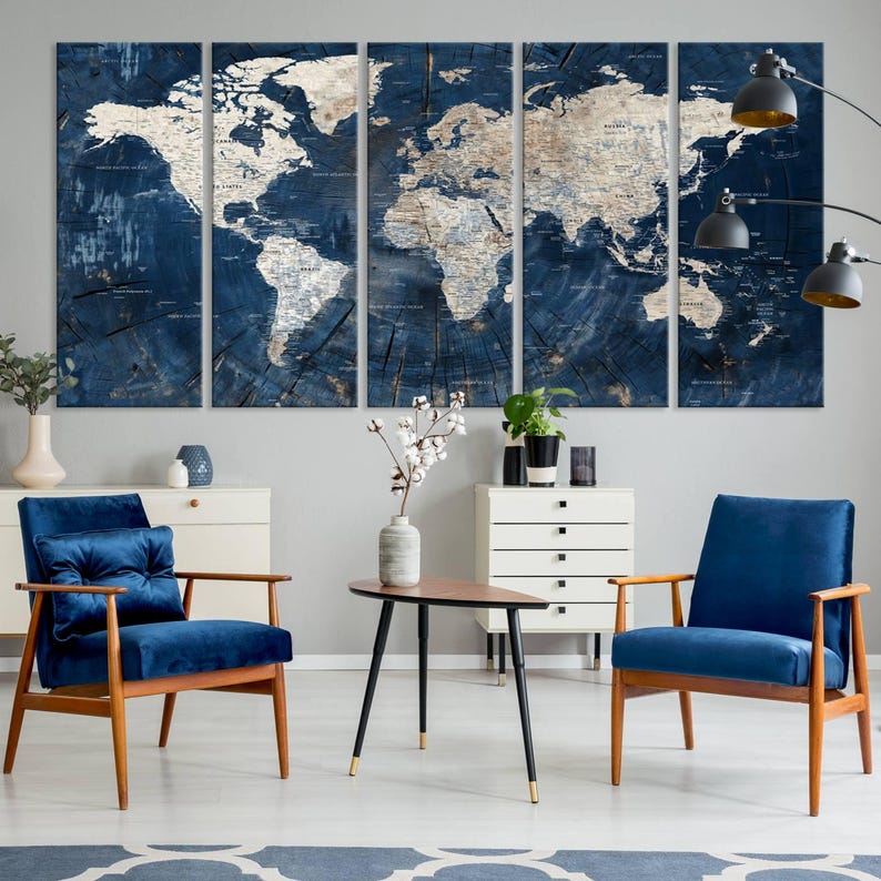 Large 3-panel Blue World Map Canvas Print with detailed continents, framed wall art perfect for living rooms, offices, and travel enthusiasts. Ready to hang for easy setup.