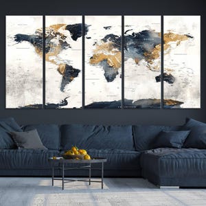 Carte du monde colorée moderne, impression carte du monde encadrée multi-panneaux, décoration de bureau, carte du monde avec punaises, carte de voyage, grande carte du monde, décoration d'intérieur