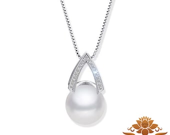 Colgante de perla blanca en forma de pirámide de plata de ley 925 chapada en platino