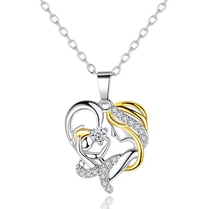 Mother and Child Pendant Necklace; Two Toned Diamond Heart Pendant