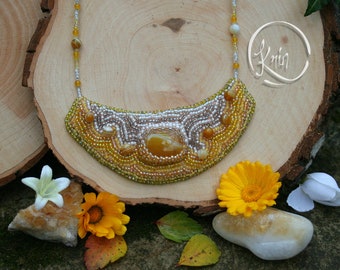 Happy jewelry to brighten your day, beautiful Hippie yellow statement necklace featuring Natural Agate and bead embroidery