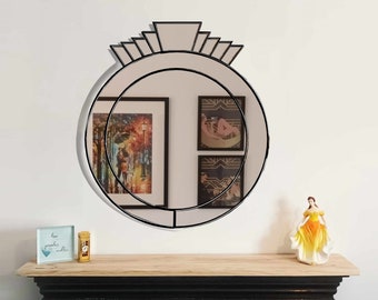Art Deco Round Wall Mirror: Handmade Vintage Style (27.5x23 Inches)