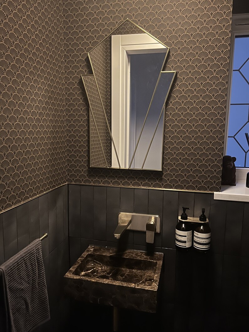 Brass Art Deco Wall Mirror Above Sink