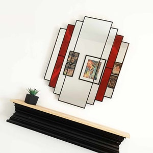 Art Deco Mirror, Stain Glass Style Wall Mirror, Wall Mirror in red