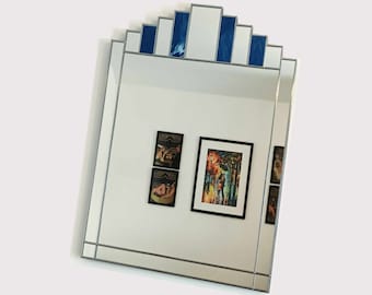 Handmade Blue Art Deco Mirror: Vintage Style Stained Glass