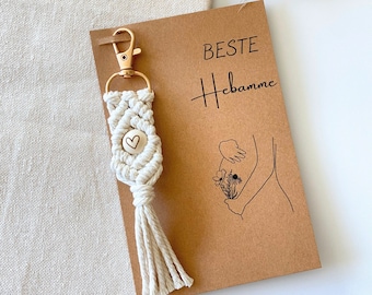 Sage-femme cadeau | Porte-clés en macramé | Carte cadeau avec mini bouquet de fleurs séchées | Sage-femme avec cœur | grossesse