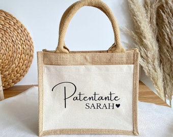 Sac de jute personnalisé avec nom | Marraine | Sac à provisions | Sac de marché | Sac de plage | Cadeau femme maman | Anniversaire