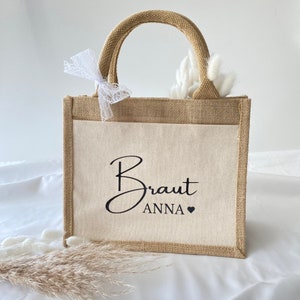 Personalisierte Jutetasche mit Namen Braut Trauzeugin Brautjungfer Einkaufstasche Markttasche Strandtasche Geschenk Frau JGA Bild 1