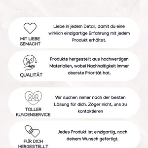 May include: A graphic with the text "Unser Versprechen an dich" and four icons representing the company's values: "Mit Liebe Gemacht", "Qualit&auml;t", "Toller Kundenservice", and "F&uuml;r Dich Hergestellt". Each icon is accompanied by a short description of the company's commitment to quality, customer service, and sustainability.