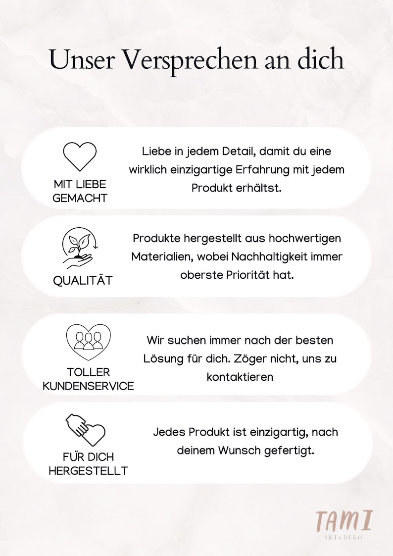 May include: A graphic with the text "Unser Versprechen an dich" and four icons representing the company's values: "Mit Liebe Gemacht", "Qualit&auml;t", "Toller Kundenservice", and "F&uuml;r Dich Hergestellt". Each icon is accompanied by a short description of the company's commitment to quality, customer service, and sustainability.