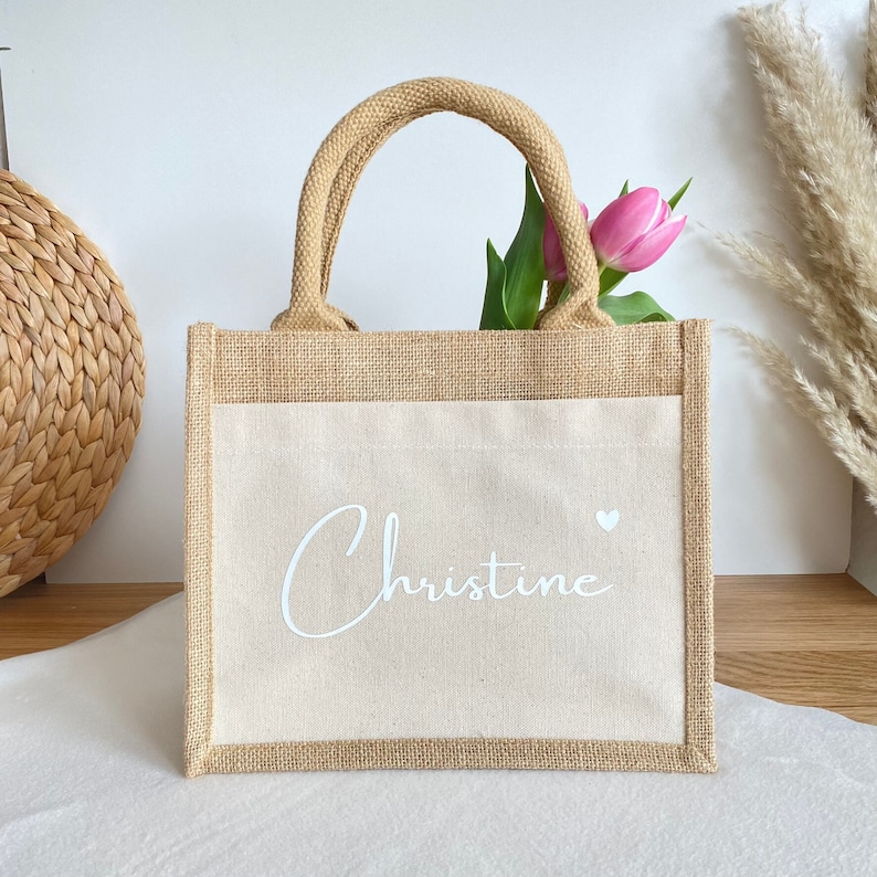 Personalized jute bag with name Shopping bag Market bag Beach bag Gift for woman Mom Girlfriend Sister Birthday image 1