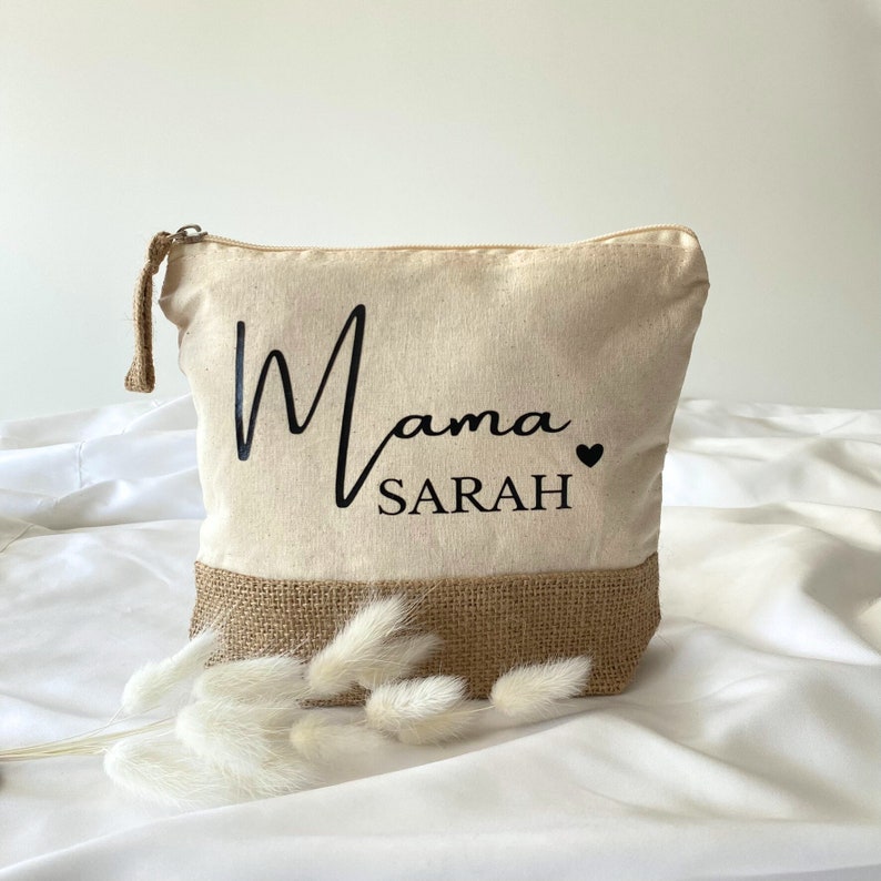 Personalisierte Kosmetiktasche mit Namen Schminktasche Kulturtasche Geschenk Frau Mama Geburtstag Beste Mama Kulturbeutel Jute Bild 1