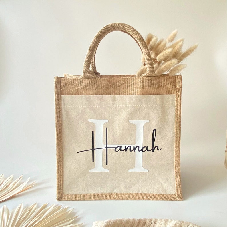 Personalisierte Jutetasche mit Initial und Name Einkaufstasche Markttasche Strandtasche Geschenk Frau Mama Freundin Geburtstag Bild 1