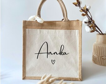 Borsa In Iuta Personalizzata Con Monogramma Floreale E Nome - Piccola 26x22x14 Cm Per Festa Della Mamma