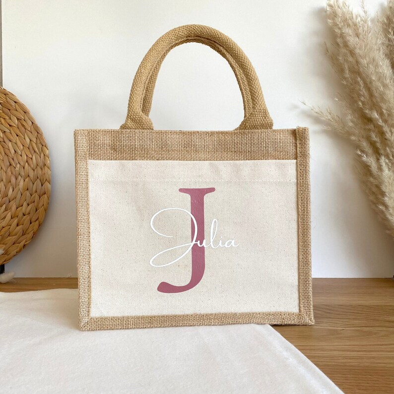 Personalisierte Jutetasche mit Initial und Name Einkaufstasche Markttasche Strandtasche Geschenk Frau Mama Freundin Geburtstag Bild 2