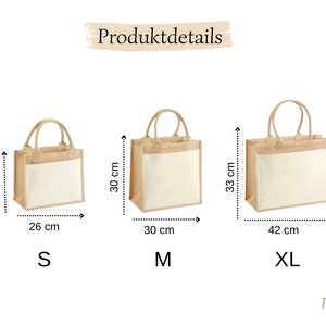 May include: Three jute tote bags in different sizes, labeled S, M, and XL. The bags are beige with a white canvas bottom. The measurements of each bag are shown in centimeters.