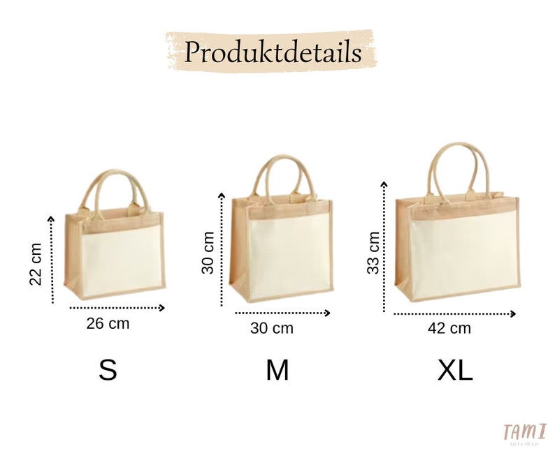 May include: Three jute tote bags in different sizes, labeled S, M, and XL. The bags are beige with a white canvas bottom. The measurements of each bag are shown in centimeters.