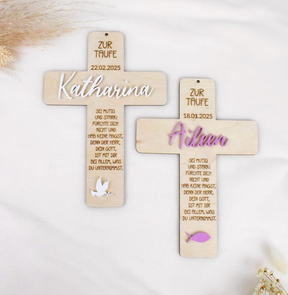 Dono per Battesimo / Comunione | Croce battesimale personalizzata | Legno con nome | Regalo battesimo bambino, bambina | Regalo di battesimo | Prima Comunione - Italia