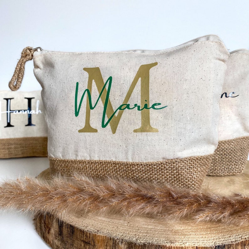 Personalized cosmetic bag with name Makeup bag Toiletry bag Gift wife mom birthday jute Toiletry bag image 9