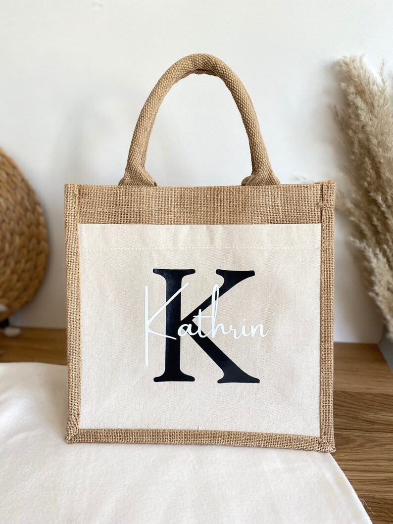 Personalized jute bag with initial and name Shopping bag Market bag Beach bag Gift wife mom girlfriend Birthday image 3