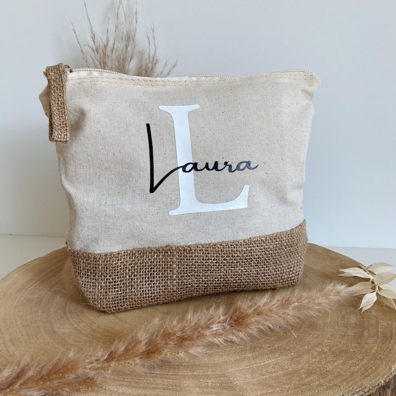 Personalized cosmetic bag with name Makeup bag Toiletry bag Gift wife mom birthday jute Toiletry bag image 2