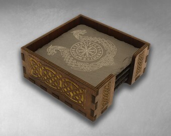 Mystisches Set von 4 Schieferuntersetzern mit Keltischen Wikinger-Motiven in einer selbst hergestellten Box