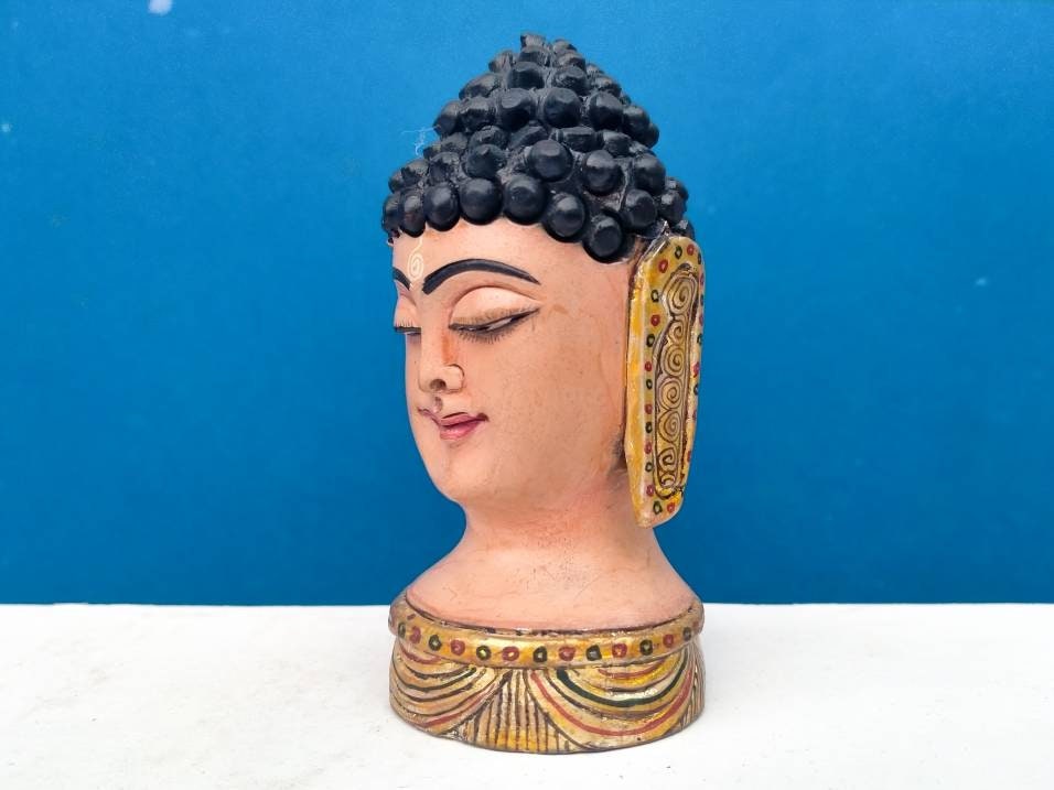 Lord Buddha Statuehand Painted Buddhawooden Buddha Etsy