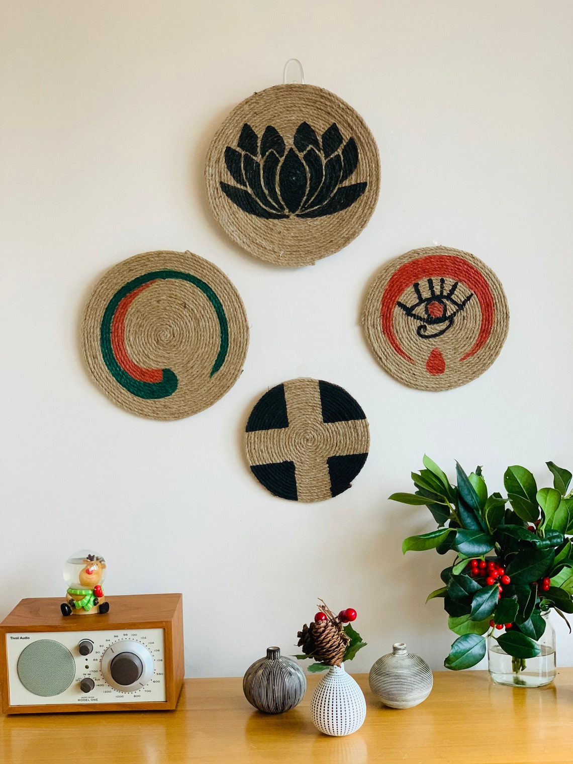 Jute Round Serving Boho Wall Decor Rustic Wall Hanging Lotus Etsy