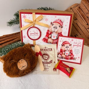 Könnte beinhalten: Eine Geschenkbox mit Capybara-Illustration, goldener Schleife und dem Text 'Für gemütliche Wintermomente'. Enthält ein braunes Plüsch-Capybara-Gesicht, einen Holzlöffel, ein Van Houten Kakaopulver-Tütchen, ein rot verpacktes Schoko-Stück und eine Karte.