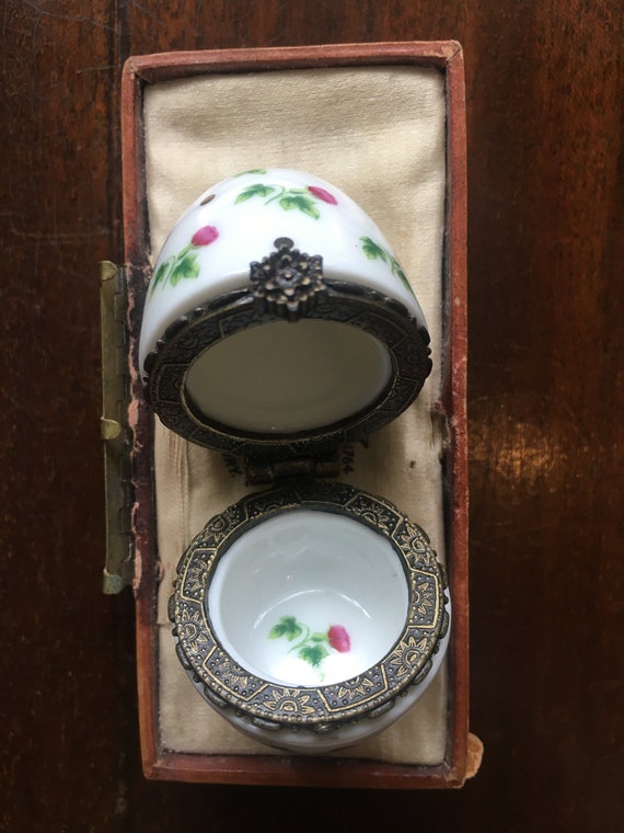 Miniature ceramic and metal egg-shaped trinket po… - image 2