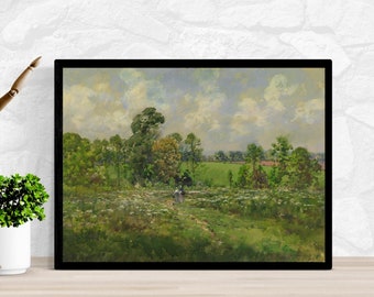 Vintage Meadow Landscape Art Print, Farmhouse Wall Decor (Digital Download)