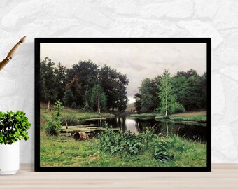 Vintage Pond Landscape Print, European Country Art (Digital Download)