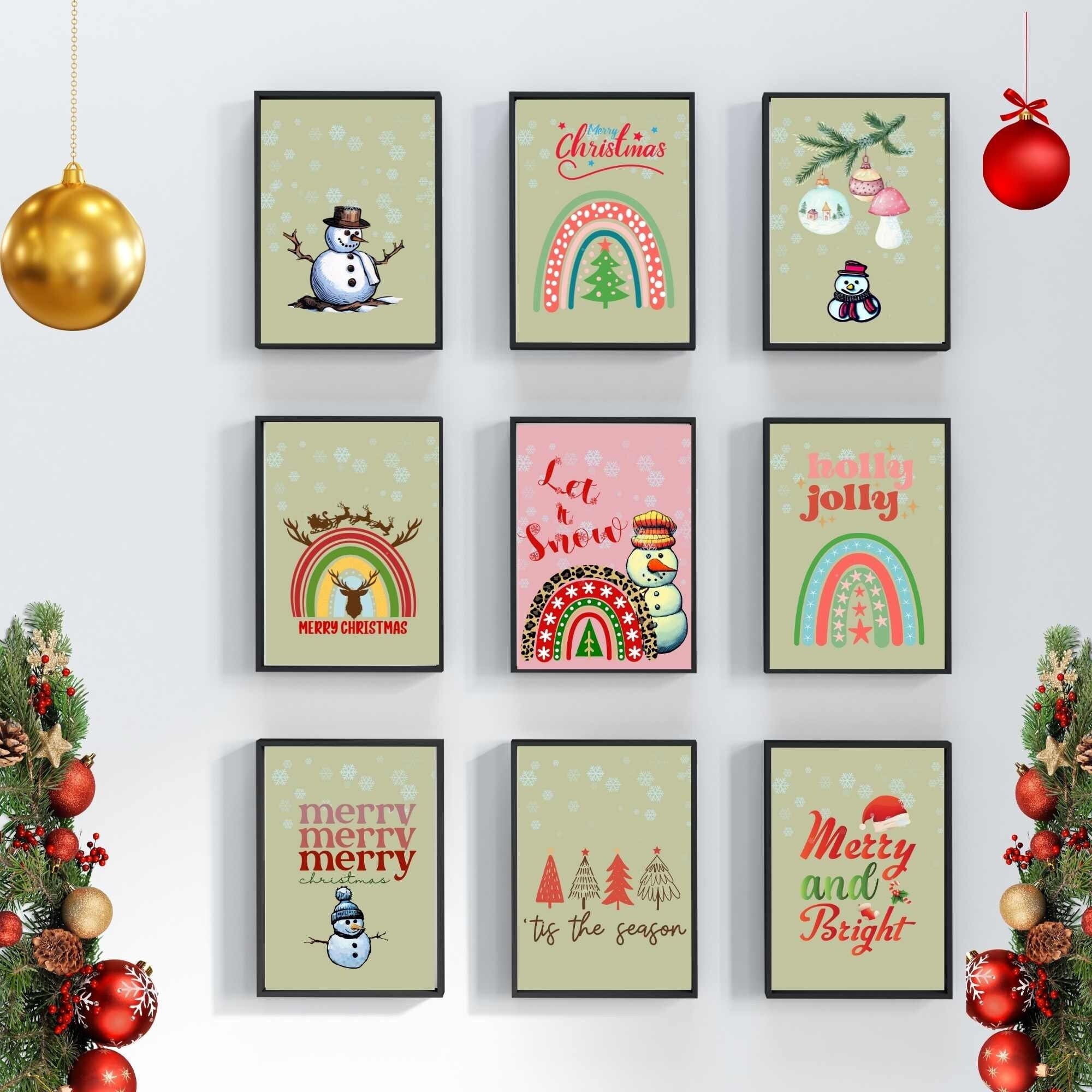 クリスマスギャラリープリント、ヴィンテージスノーマン、ツリー、9枚
