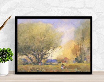 Summer Scene 1920, Watercolor Vintage art prints, Neutral gallery wall, Farmhouse decor, Vintage European Art, Country landscape,