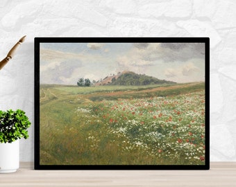 Vintage Flowery Meadow Landscape Print, Farmhouse Wall Art (Digital Download)