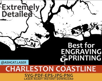Charleston South Carolina Coastline Vector for Print or Laser Engraving. High Quality Image for Laser SVG, PDF, EPS, png and jpg formats