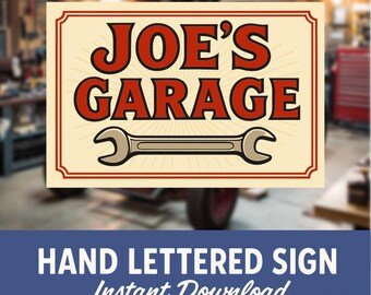 Può includere: Un cartello in stile vintage con bordo rosso e sfondo crema. Il cartello recita "Joe's Garage" in lettere rosse con una chiave stilizzata sotto. Il cartello è perfetto per un garage o un officina.